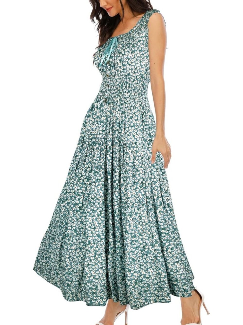 Women's Green White Boho Floral Maxi Summer Flowy Tiered Casual Long Dress